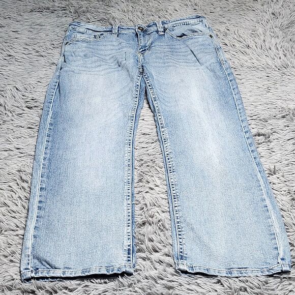 TK Axel Jeans Mens Size 36x30 Blue Denim Stretch Light Distress Relaxed Straight - Picture 1 of 13